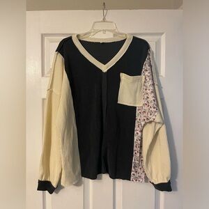 Patchwork V-Neck Sweater with Floral Sleeve